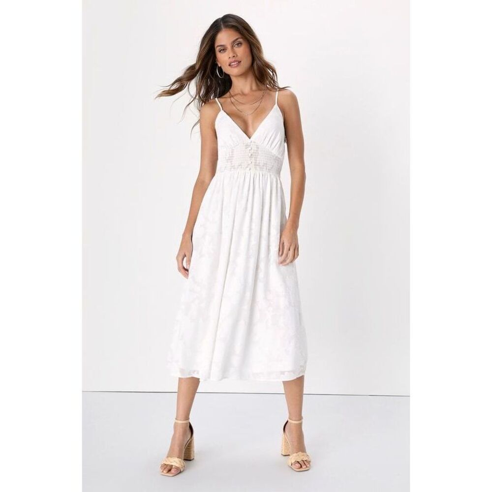 NWT- Lulus Came To Charm White Burnout Floral Burnout Midi Dress - Size M